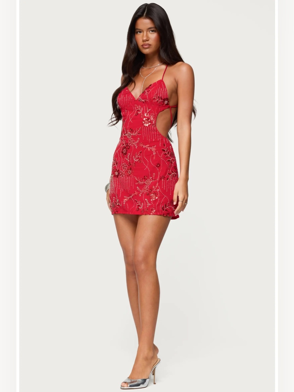 EDIKTED Annalee Backless Beaded Chiffon Mini Dress